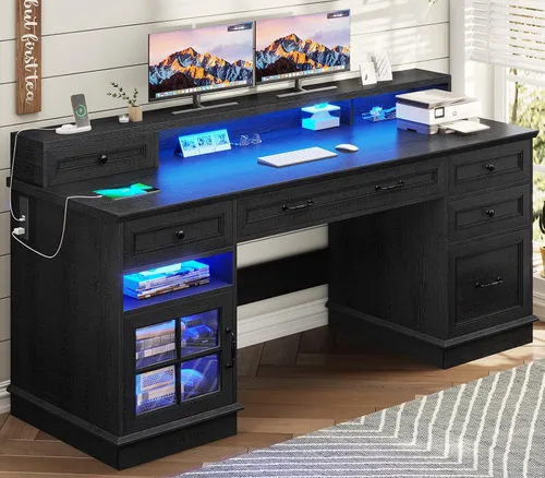 Miniatura 10 de BTHFST Escritorio ejecutivo con cajón de archivos, escritorio para computadora con soporte para monitor, escritorio de oficina en casa con cajones