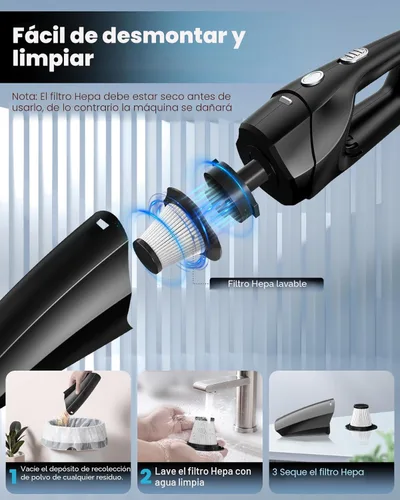 Miniatura 6 de Aspiradora de Mano Inalámbrica, Aspiradoras de Coche Potentes con Batería Recargable, Aspiradora de Mano Portátil Inalámbrica con Filtro HEPA Negro