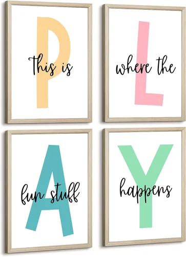 Miniatura 10 de Arte de pared para sala de juegos para niños, decoración de pared para habitación de niños, impresión en lienzo para sala de juegos para bebés