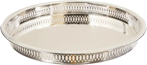 Miniatura 3 de Elegance Bandeja redonda de metal para servir/bar, 12.75 pulgadas, niquelado con relieve decorativo, sirve champán, whisky y bebidas, bebida en tono