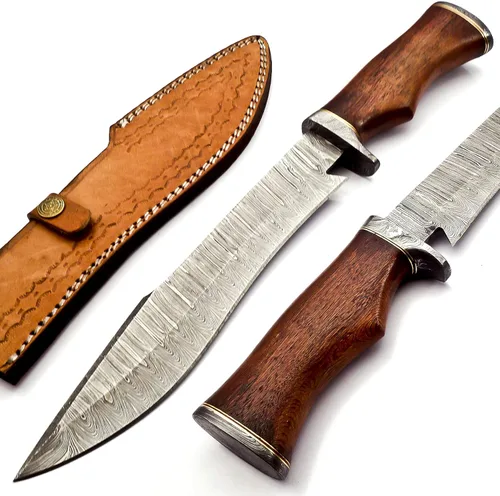 Nooraki - Cuchillo Bowie de acero de Damasco hecho a mano de 15 pulgadas - Cuchillo de caza de hoja fija con mango cómodo de palisandro fuerte para
