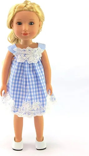 Miniatura 2 de American Fashion World Vestido a cuadros azul y blanco con vestido de encaje para muñecas de 14 pulgadas Calidad premium y diseño moderno Ropa