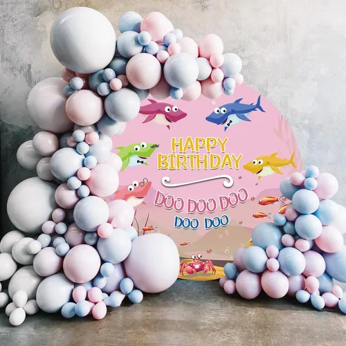 Miniatura 3 de Renaiss Fondo redondo de cumpleaños de tiburón rosa de 3 x 3 pies, diseño de peces cangrejo, tiburones de cangrejo, Doo, fondo de fotografía, fondo
