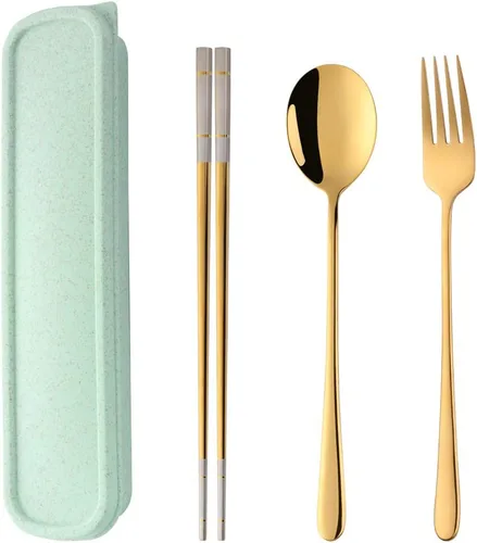 Miniatura 9 de Cubiertos de viaje portátiles, 3 piezas, cuchara, tenedor, palillos, acero inoxidable 18/10, con estuche y bolsa para la escuela, el trabajo