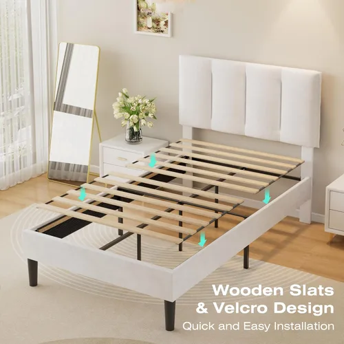 Miniatura 6 de VECELO - Base de cama tamaño individual con cabecera tapizada, plataforma con soporte de listones de madera de alta resistencia, no necesita somier