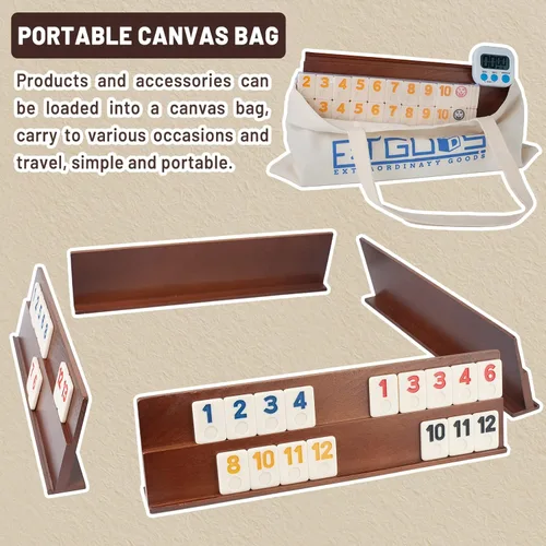 Miniatura 2 de Extguds Deluxe Rummy Cube Juego de 106 fichas, juego clásico de madera, con 4 bastidores de madera hechos a mano, bolsa de lona portátil, juego