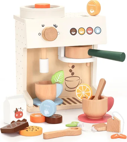 Miniatura 7 de PairPear Juego de simulación de cafetera de espresso de madera 18 piezas Set de barista con cápsulas, tazas y galletas, accesorio de cocina
