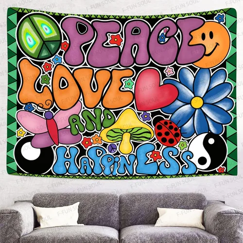 Miniatura 6 de F-FUN SOUL Tapiz de paz amor y felicidad, tapices geniales, 40 x 30 pulgadas, tapices temáticos de los años 70, tapiz estético hippie para colgar