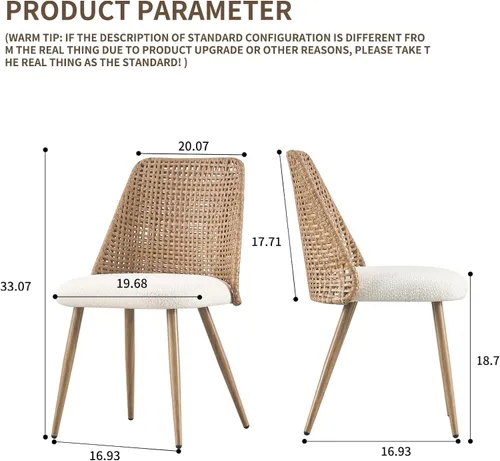 Miniatura 2 de Juego de 4 sillas de comedor de ratán, sillas modernas tapizadas de bouclé para cocina con respaldo de caña de PE y patas de metal