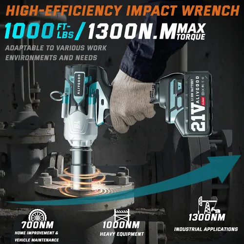 Miniatura 4 de Mejora de 1300N.m/1000Ft-lbs Llave de Impacto Inalámbrica, 2 Baterías de 5.0AH, Pistola de Impacto Eléctrica de 1/2 Pulgada, Cargador Rápido, Llave