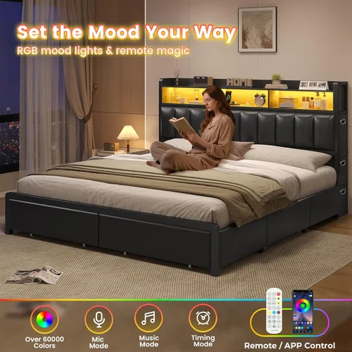 Miniatura 6 de ADORNEVE Base de cama tamaño King con 10 cajones de almacenamiento y cabecera tipo estantería RGB, cama King tapizada en PU con estación de carga