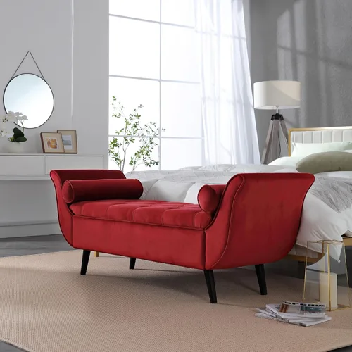 Miniatura 4 de Banco de Almacenamiento de Terciopelo para Dormitorio, Rojo, Banco Otomán de Almacenamiento Tapizado con Botones Capitoné Reposapiés Brazo Enrollado