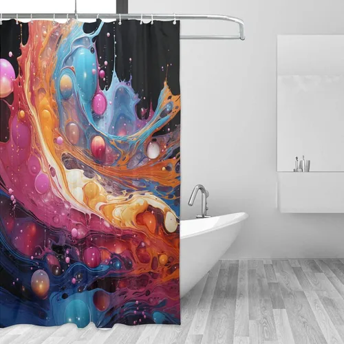 Miniatura 2 de Cortina de ducha con salpicaduras de pintura para baño, juego de cortina de ducha bohemia con pintura al óleo abstracta, tela roja y azul, moderna