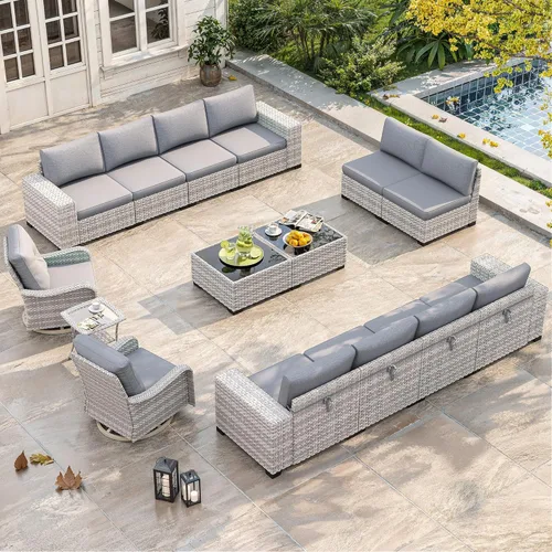 Miniatura 26 de Juego de muebles de mimbre para patio al aire libre de 3 piezas, sillas de patio giratorias mecedoras con respaldo alto con cojines gruesos de 4