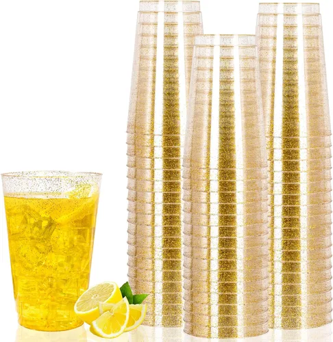 Miniatura 14 de I00000 Paquete de 100 vasos de plástico dorados de 14 onzas, vasos desechables de plástico con purpurina dorada, copas de vino desechables, copas