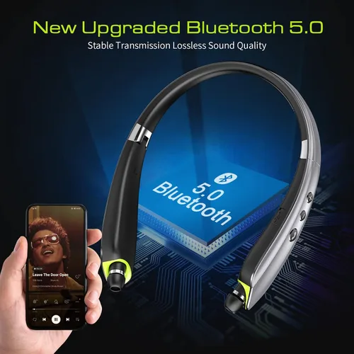 Miniatura 5 de Auriculares Bluetooth, auriculares Bluetooth con banda para el cuello mejorados 2025 con auriculares retráctiles, auriculares estéreo con Gris