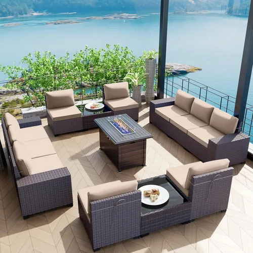Miniatura 79 de Kullavik Juego de 13 muebles de patio al aire libre con mesa de fogata de gas propano de 43 pulgadas, 55000 BTU, mimbre de polietileno, sofá Arena
