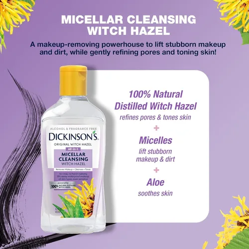 Miniatura 3 de Dickinson's Agua Micelar Limpiadora de Hamamelis, Un Desmaquillante Todo en 1, Refinador de Poros, Limpiador de Piel y Tónico; Sin Alcohol con Aloe