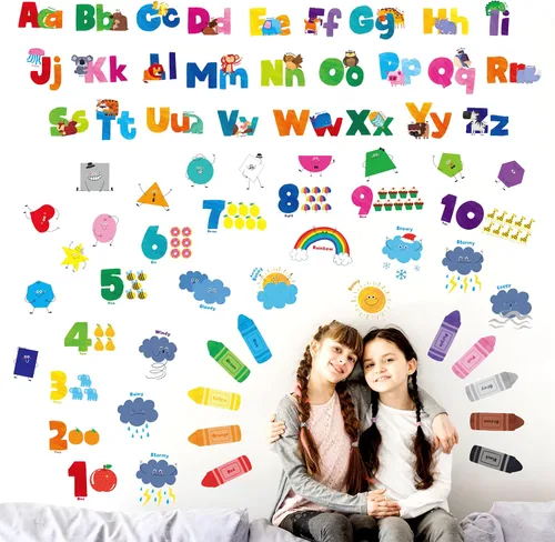 68 calcomanías de pared del alfabeto y letras, calcomanías de vinilo autoadhesivas, letras, clima, número, animales, forma y color, decoración