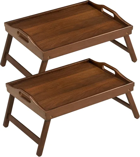 Miniatura 9 de Paquete de 2 bandejas de cama para mesa de desayuno, bandejas de servir, bandeja de bambú para cama portátil con patas plegables, asas y soportes