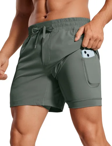 Miniatura 11 de CRZ YOGA Pantalones cortos de correr 2 en 1 para hombre de 5 pulgadas, forrados, de secado rápido, para entrenamiento, deportes, atletismo