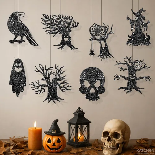 Miniatura 13 de KatchOn, Guirnalda de Halloween negra con purpurina, enorme, paquete de 10 unidades, guirnalda de decoración de fiesta de Halloween con recortes
