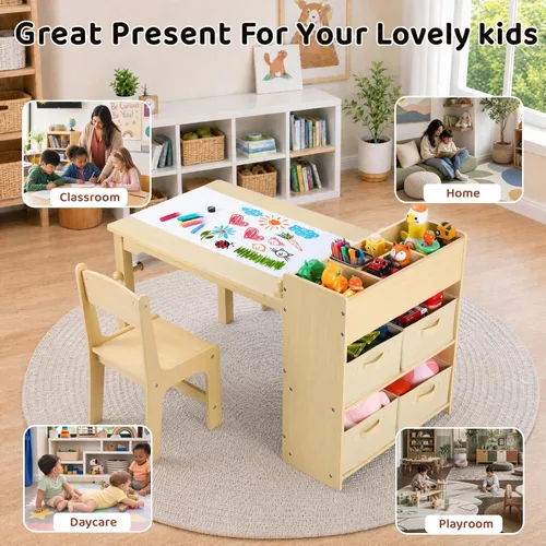 Miniatura 9 de Arlopu - Juego de mesa de arte para niños y 2 sillas, mesa de actividades de madera para niños de gran tamaño, escritorio de dibujo resistente