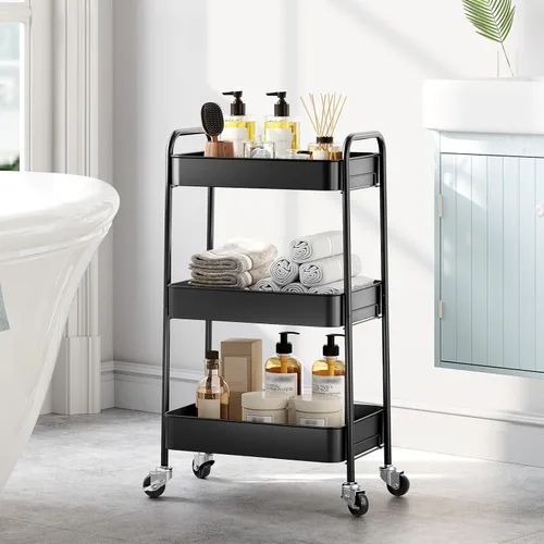 Miniatura 7 de TOOLF Carrito de metal de 3 niveles con ruedas, carrito organizador de almacenamiento para cocina, baño, oficina, artículos esenciales para bebés