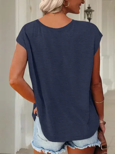 Miniatura 4 de Anbech Camisetas de manga casquillo para mujer, con cuello en V, estampado sólido, camisetas casuales