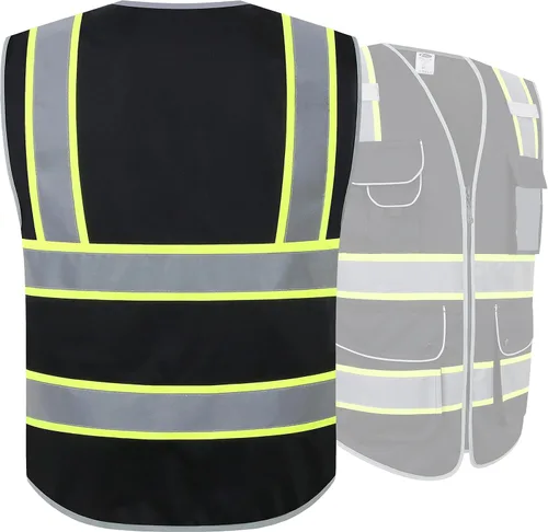 Miniatura 2 de JKSafety Chaleco de seguridad de alta visibilidad con cremallera frontal, 9 bolsillos, color negro, tiras amarillas fluorescentes que delinean