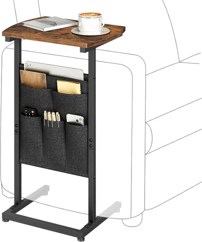 HOOBRO Mesa auxiliar en forma de C, mesa auxiliar de 28.3 pulgadas para espacios pequeños, mesa de sofá con bolsa de almacenamiento, mesa auxiliar