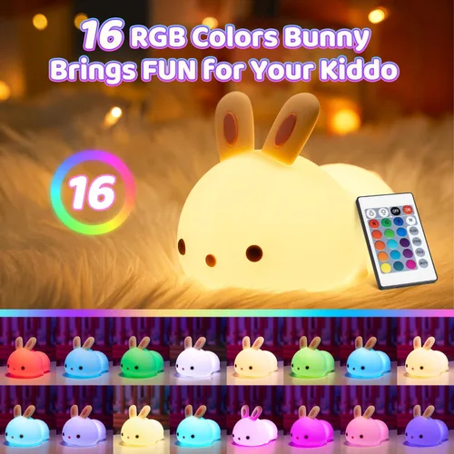Miniatura 8 de One Fire Juguetes de Conejo para Niños, Luz Nocturna para Niños con Control Remoto, 16 Colores + 5 Niveles de Brillo, Lámpara Linda, Luz Nocturna