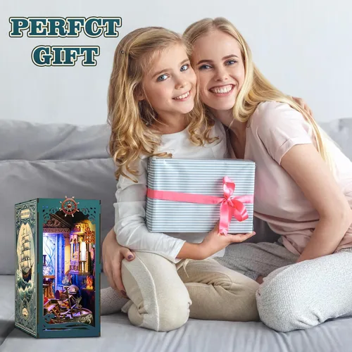 Miniatura 9 de Kit de rincón de libros, kit de bricolaje en miniatura de casa de muñecas con luz nocturna LED y cubierta antipolvo para adultos, adolescentes