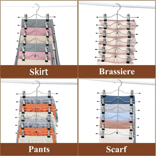 Miniatura 4 de Perchas para pantalones de varias capas, perchas de falda de 6 niveles con clips ajustables, organizador de armario antideslizante que ahorra