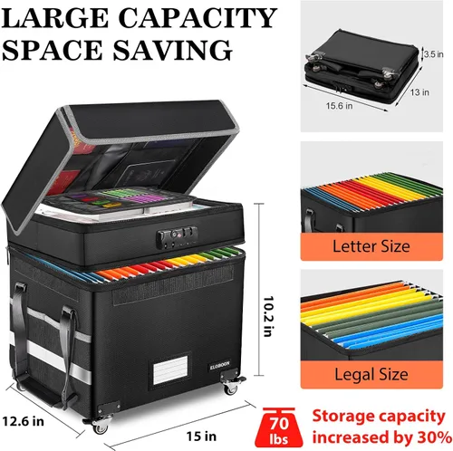 Miniatura 3 de Caja de archivos con cerradura, caja de documentos ignífuga con ruedas, caja organizadora de archivos plegable, caja de almacenamiento de archivos