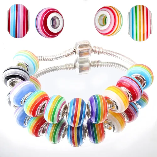Miniatura 4 de rubyca Mix rayas Murano Lampwork perlas de vidrio Fit pulsera europea