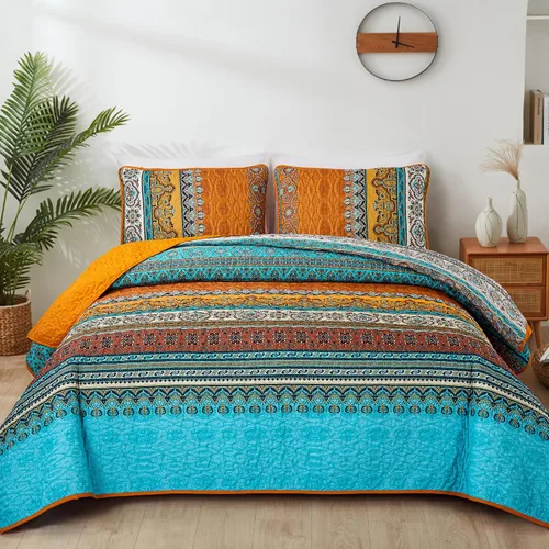Miniatura 25 de WONGS BEDDING Juego de Colcha Morada Tamaño King, Juego de Colchas Bohemias a Rayas de 3 Piezas, Colcha Ligera de Microfibra para Todas las Púrpura