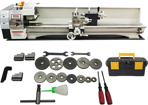 Miniatura 13 de INTSUPERMAI Mini torno de metal de 7 x 12 pulgadas, torno de metal de sobremesa, velocidad variable, 50-2500 rpm, torno de trabajo de metal con 3