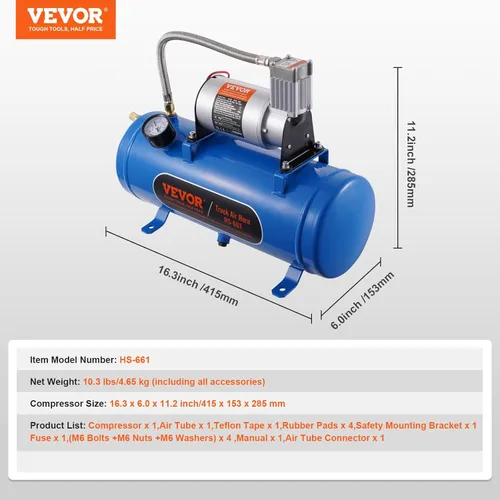 Miniatura 7 de VEVOR Compresor de aire de 12 V con tanque de 1.6 galones, compresor de bocina de tren, presión de trabajo de 120 psi, neumáticos inflados, Azul