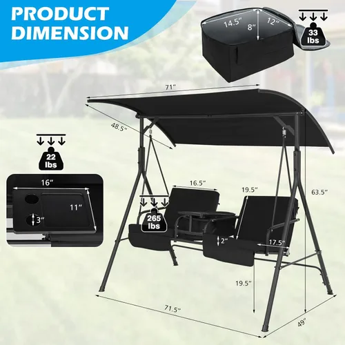 Miniatura 4 de Tangkula Columpio de porche para 2 personas, columpio al aire libre con mesa de almacenamiento pivotante, bolsa refrigerante, 2 soportes para tazas