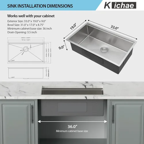 Miniatura 7 de Kichae 33 Fregadero de cocina empotrado - 33 x 19 Fregadero de cocina empotrado con estante para estación de trabajo de acero inoxidable de calibre