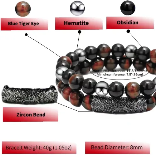 Miniatura 10 de 2Pcs Triple Protection Bracelet,Natural Tigers Eye Black Obsidian and Hematite 8 MM Beads Bracelet for Men Women Gift, Healing Crystal Bracelet