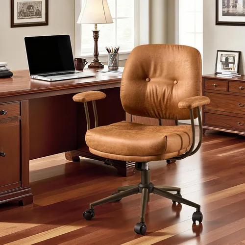 Miniatura 24 de Silla de oficina para el hogar con respaldo medio, silla de escritorio moderna de cuero de mediados de siglo, silla ejecutiva cómoda y giratoria