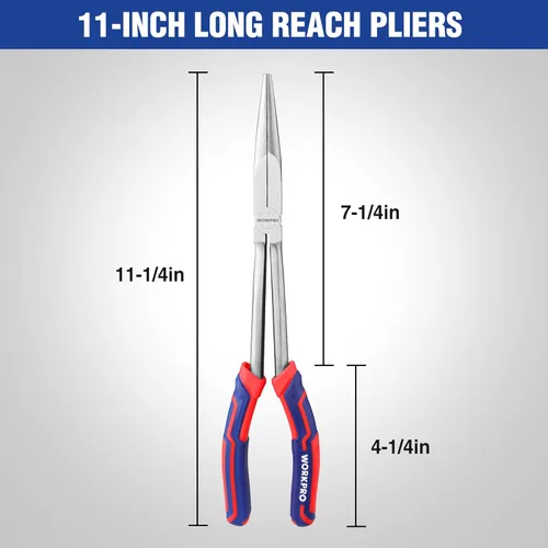 Miniatura 2 de WORKPRO Alicates de punta de aguja extra largos de 11" de primera calidad, abrazadera de papel de precisión, acero CRV resistente, empuñadura suave