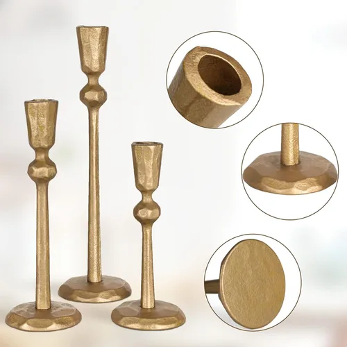 Miniatura 3 de Portavelas de hierro antiguo de latón – Juego de 3 portavelas decorativo, portavelas para bodas, cenas, fiestas
