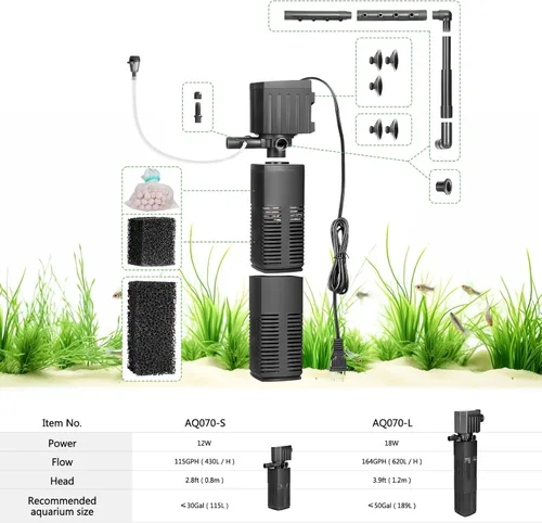 Miniatura 6 de AQQA Filtro de acuario, filtración de 3 etapas, fabricante de ondas ajustables y oxigenador, bomba sumergible silenciosa de 18 W 164 GPH, filtro