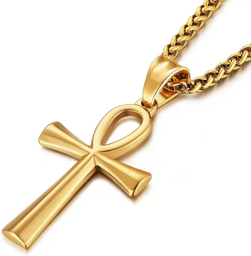 Collar con colgante de cruz de Ankh copta egipcia antigua de acero inoxidable para niños, mujeres y hombres, en cadena Rolo de 24 pulgadas,