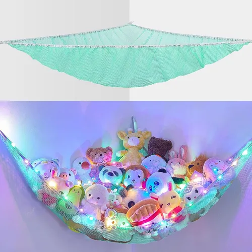 Miniatura 14 de Basumee Hamaca de animales de peluche con luz LED, organizador de red de juguetes de peluche, organizador de esquina para almacenamiento de animales