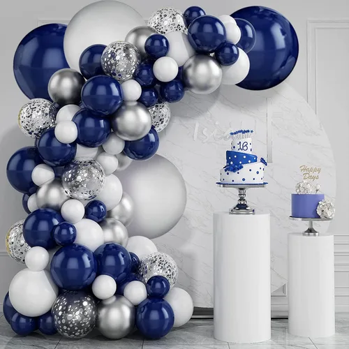 Zesliwy Kit de guirnalda de globos de color azul marino, plateado, azul marino, blanco, plateado, confeti, kit de arco para fiesta de cumpleaños,
