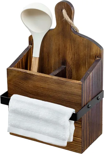 MyGift Soporte rústico para utensilios de madera maciza montado en la pared con barra de toalla – Estante organizador de cocina estilo tabla de